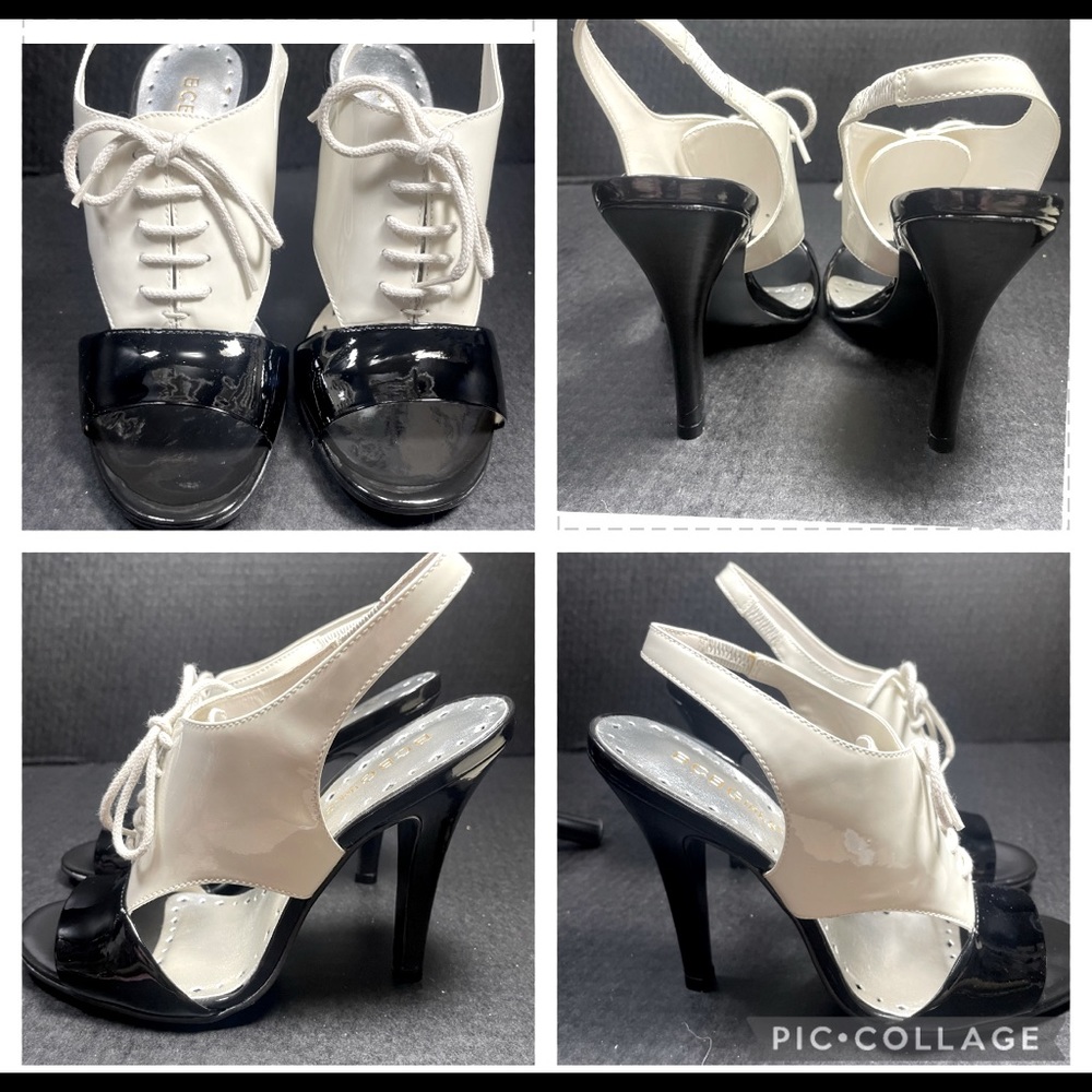 BRAND NEW NEVER WORN BCBGirls BLACK WHITE TUXEDO PATENT HEELS 4.5” 5.5M